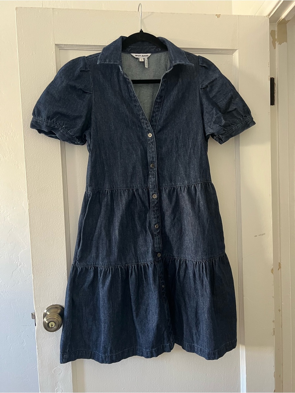DKNY Dark Blue Denim Tiered Button-Front Dress